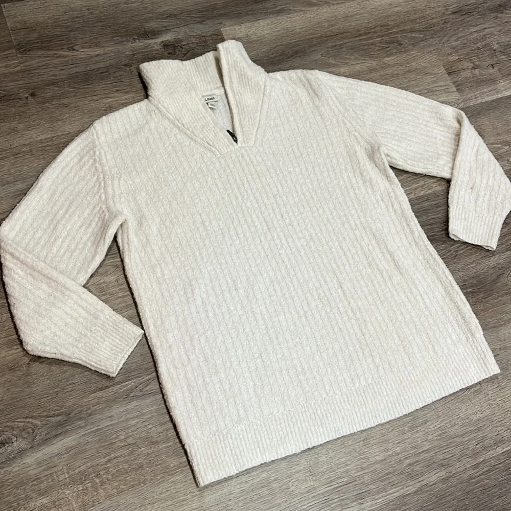 L L Bean Women’s White Cozy Cloud Sweater Quarter Zip Size Medium Lightweight - Picture 2 of 8